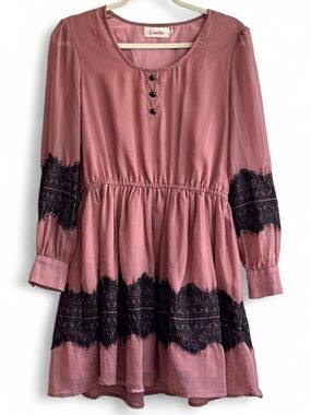 Louche Pink & Black Lace Babydoll Style Long Sleeve Short Dress Size M